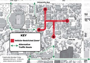 map below illustrates the vehicle-restricted zone entry points and alternate routes.